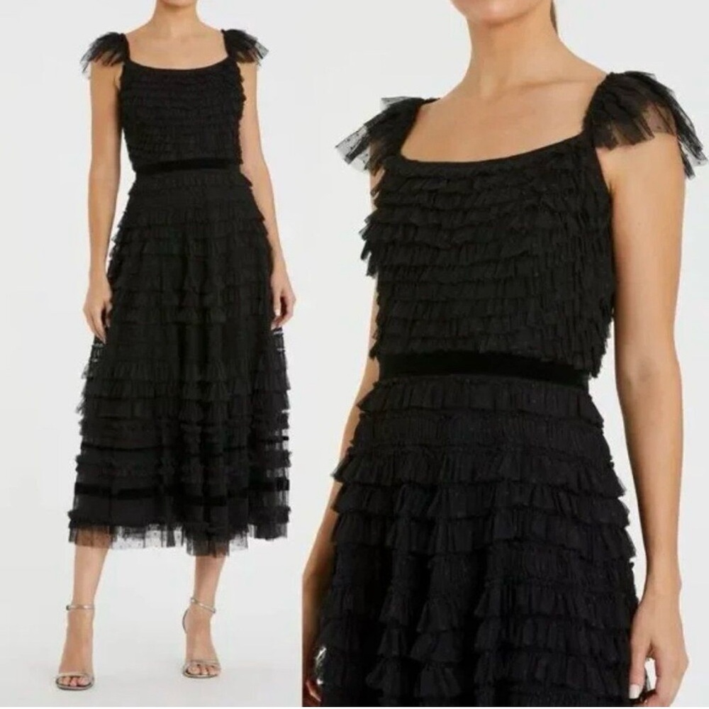 Mac Duggal 8054 Size 4 Black‎ Ruffle Cap Sleeve Tiered Ruffled Midi Dress